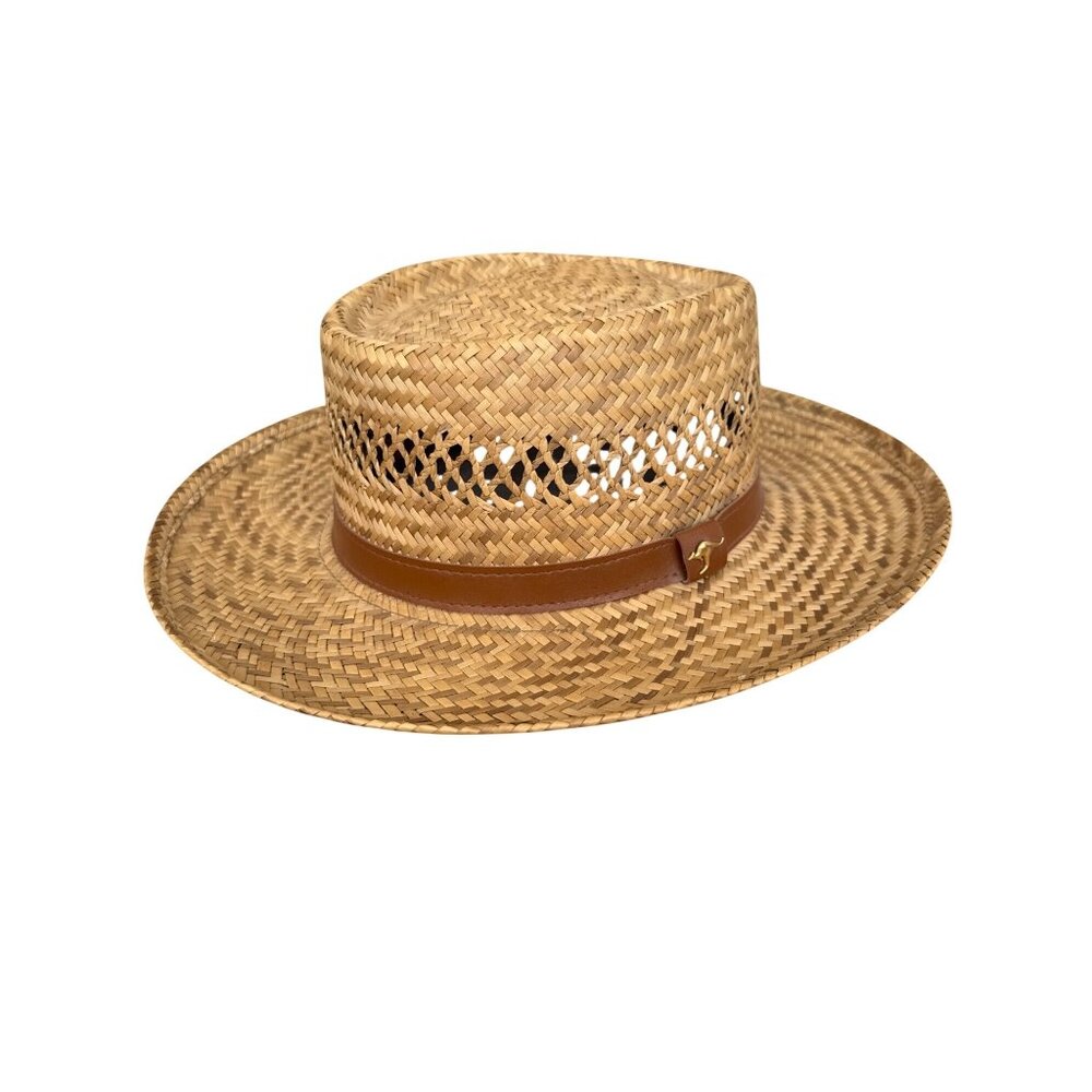 Handwoven Straw Boater Hat Brown Band Lightweight Outdoor Sun Protection